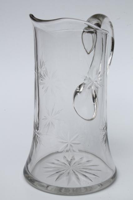 photo of vintage star pattern glass cocktail set, pitcher & glasses w/ etched cut glass stars #11