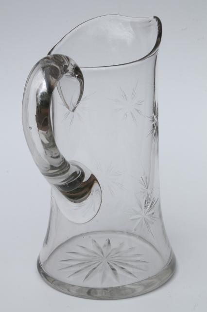 photo of vintage star pattern glass cocktail set, pitcher & glasses w/ etched cut glass stars #12