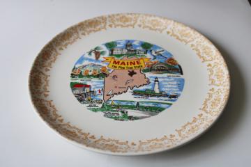 vintage state souvenir plate Maine, colorful retro graphics, tourist attractions