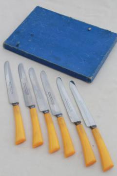 catalog photo of vintage steak knives set with early plastic (butterscotch bakelite?) handles