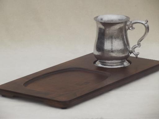 photo of vintage steak plate holders, wood tavern trays w/ pewter aluminum tankard cups #2