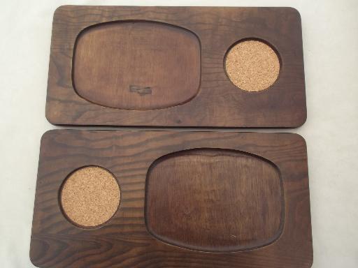 photo of vintage steak plate holders, wood tavern trays w/ pewter aluminum tankard cups #3