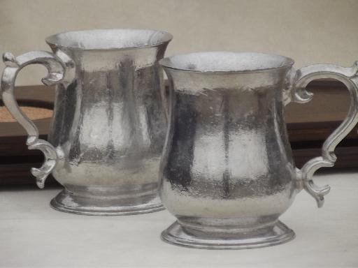 photo of vintage steak plate holders, wood tavern trays w/ pewter aluminum tankard cups #4