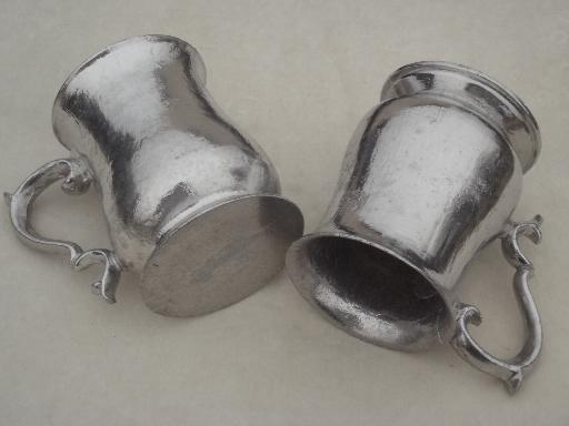 photo of vintage steak plate holders, wood tavern trays w/ pewter aluminum tankard cups #5