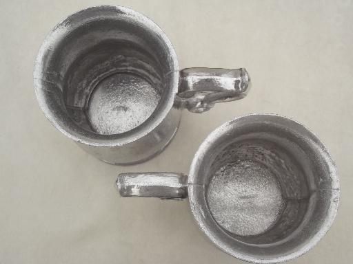 photo of vintage steak plate holders, wood tavern trays w/ pewter aluminum tankard cups #6