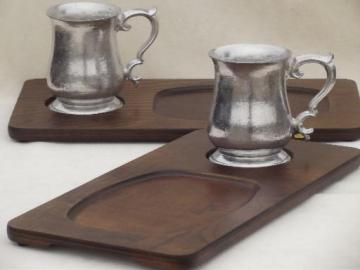 catalog photo of vintage steak plate holders, wood tavern trays w/ pewter aluminum tankard cups