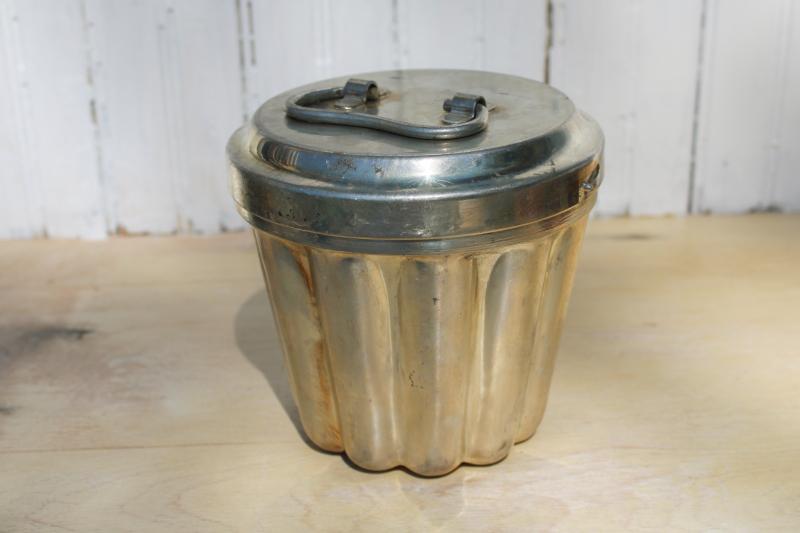 photo of vintage steamed pudding mold, very heavy tinned steel mold and lid w/ handle  #1