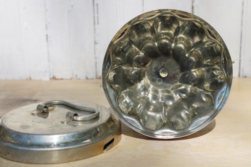 photo of vintage steamed pudding mold, very heavy tinned steel mold and lid w/ handle  #2