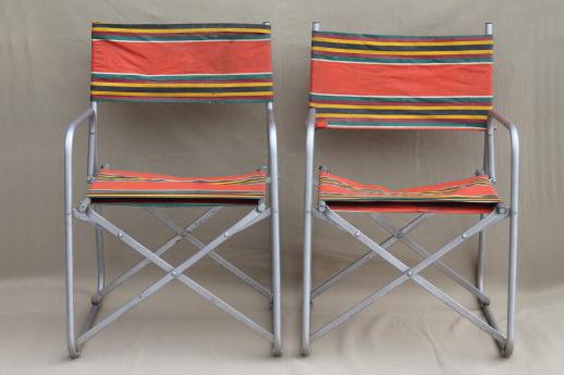 photo of vintage steel folding chairs striped awning canvas seats & backs Airstream trailer glamping #7