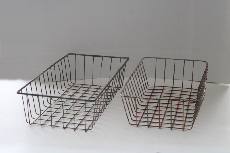 photo of vintage steel wire baskets, industrial storage bins, old rusty patina modern farmhouse decor #1