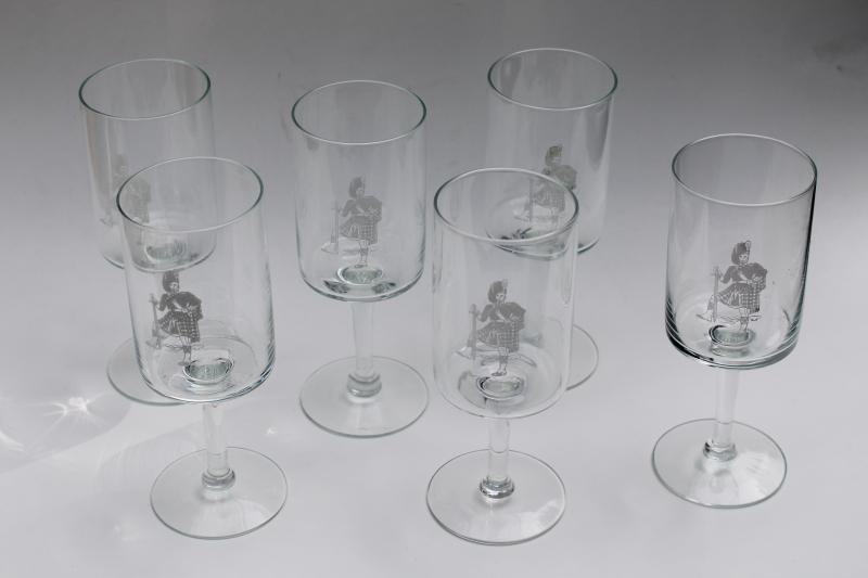 photo of vintage stemmed glassware, Scots Highlander Scotsman print Scotch whisky glasses #1