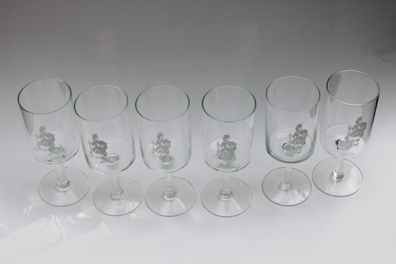 photo of vintage stemmed glassware, Scots Highlander Scotsman print Scotch whisky glasses #2