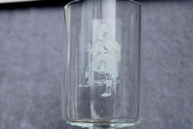 photo of vintage stemmed glassware, Scots Highlander Scotsman print Scotch whisky glasses #3