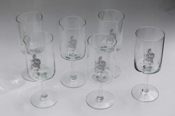 vintage stemmed glassware, Scots Highlander Scotsman print Scotch whisky glasses