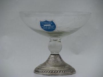 catalog photo of vintage sterling silver and glass candy dish, original Duchin label