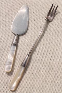 catalog photo of vintage sterling silver cheese server & prawn fork w/ mother of pearl shell handles