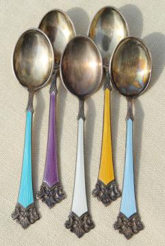 catalog photo of vintage sterling silver demitasse spoons w/ guilloche enamel, marked Norway