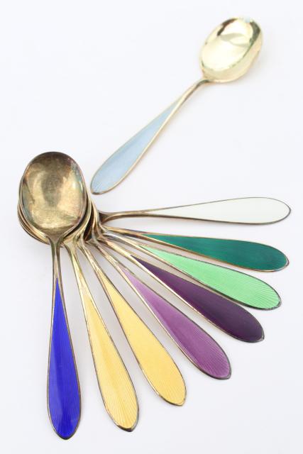photo of vintage sterling silver tea spoons, guilloche colored enamel, Norway or Denmark #1