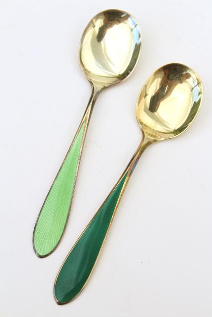photo of vintage sterling silver tea spoons, guilloche colored enamel, Norway or Denmark #2