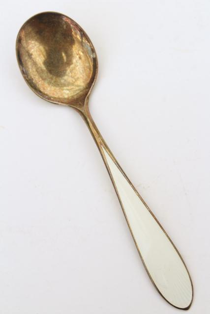 photo of vintage sterling silver tea spoons, guilloche colored enamel, Norway or Denmark #4