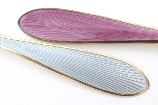 photo of vintage sterling silver tea spoons, guilloche colored enamel, Norway or Denmark #6