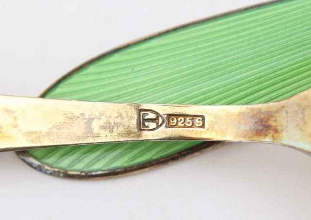 photo of vintage sterling silver tea spoons, guilloche colored enamel, Norway or Denmark #8
