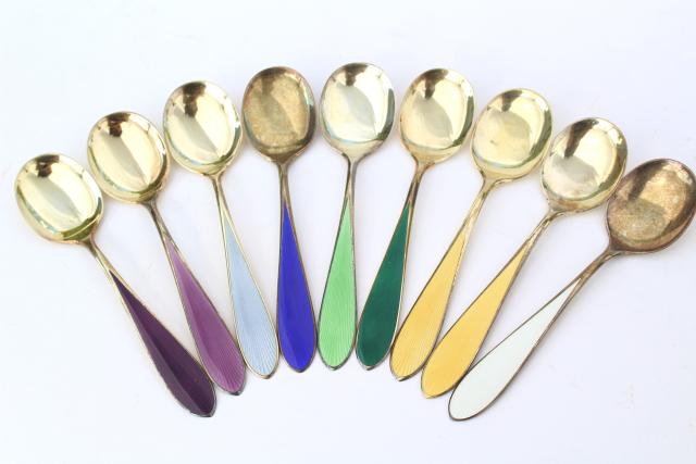 photo of vintage sterling silver tea spoons, guilloche colored enamel, Norway or Denmark #9