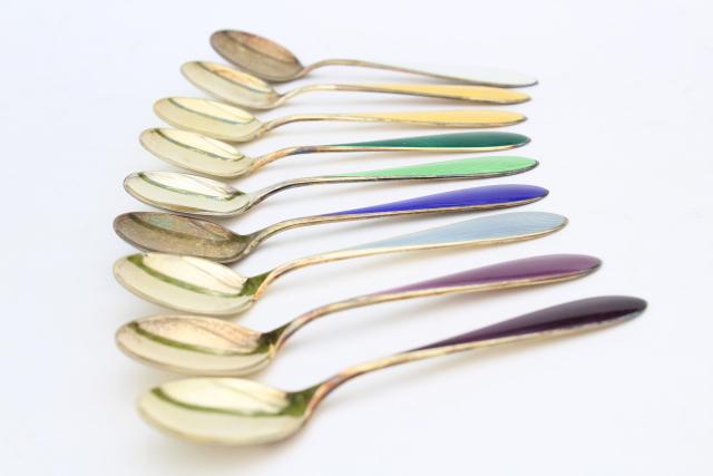 photo of vintage sterling silver tea spoons, guilloche colored enamel, Norway or Denmark #10