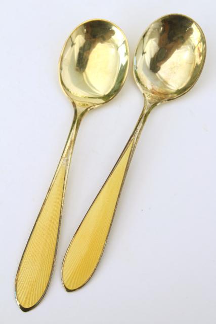 photo of vintage sterling silver tea spoons, guilloche colored enamel, Norway or Denmark #11