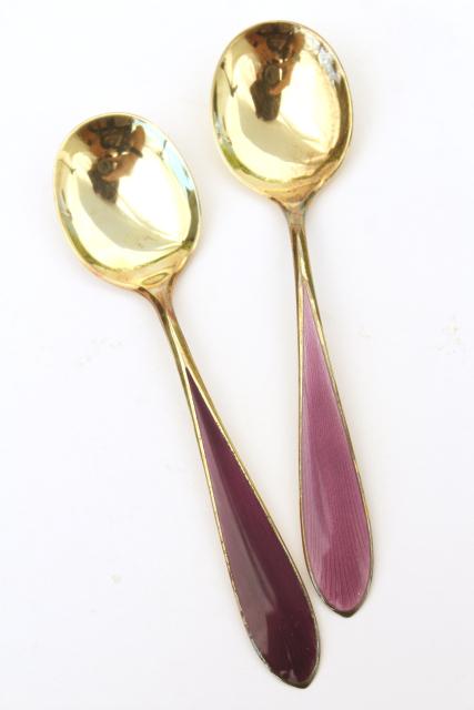 photo of vintage sterling silver tea spoons, guilloche colored enamel, Norway or Denmark #13