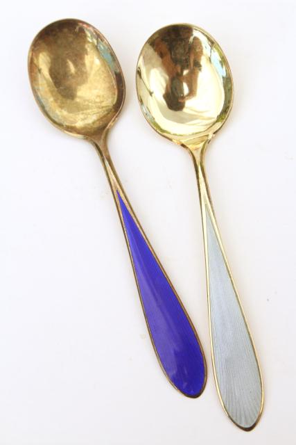 photo of vintage sterling silver tea spoons, guilloche colored enamel, Norway or Denmark #15