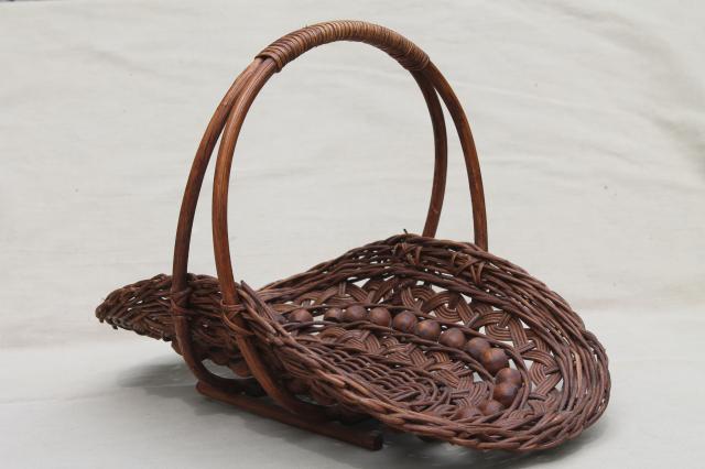 photo of vintage stick & ball wicker basket w/ wood beads, cottage garden flower basket trug #1