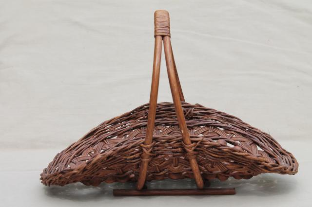 photo of vintage stick & ball wicker basket w/ wood beads, cottage garden flower basket trug #3