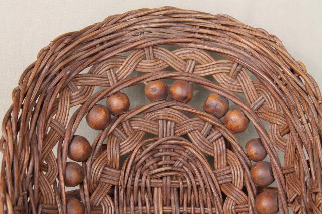 photo of vintage stick & ball wicker basket w/ wood beads, cottage garden flower basket trug #5