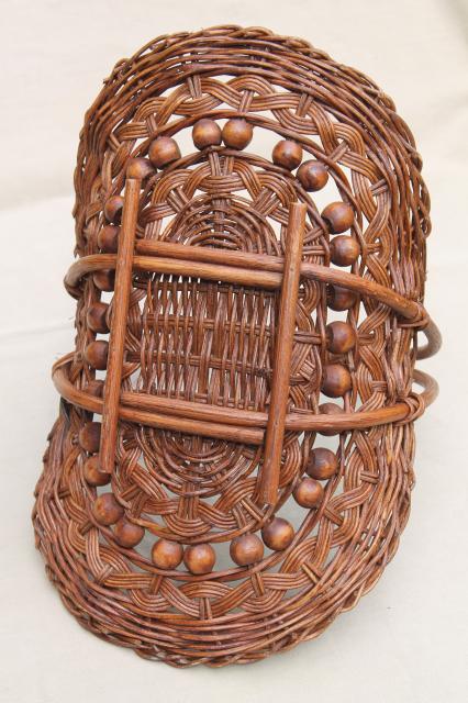 photo of vintage stick & ball wicker basket w/ wood beads, cottage garden flower basket trug #6