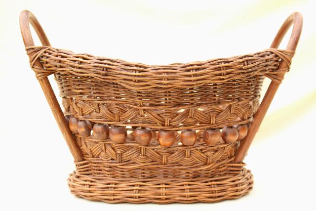 photo of vintage stick & ball wicker basket w/ wood beads, old sewing / mending basket #1