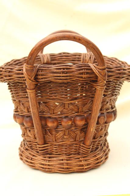 photo of vintage stick & ball wicker basket w/ wood beads, old sewing / mending basket #2