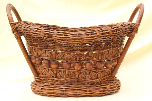 photo of vintage stick & ball wicker basket w/ wood beads, old sewing / mending basket #3