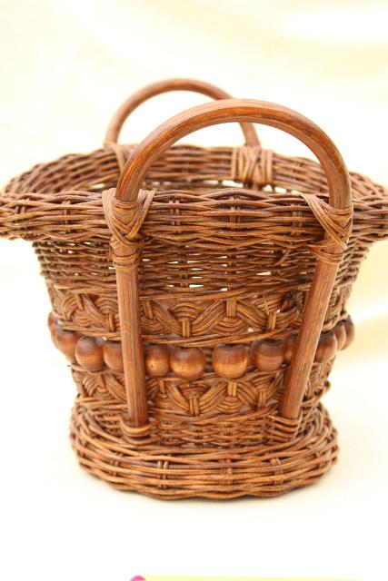 photo of vintage stick & ball wicker basket w/ wood beads, old sewing / mending basket #4