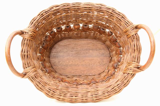 photo of vintage stick & ball wicker basket w/ wood beads, old sewing / mending basket #5