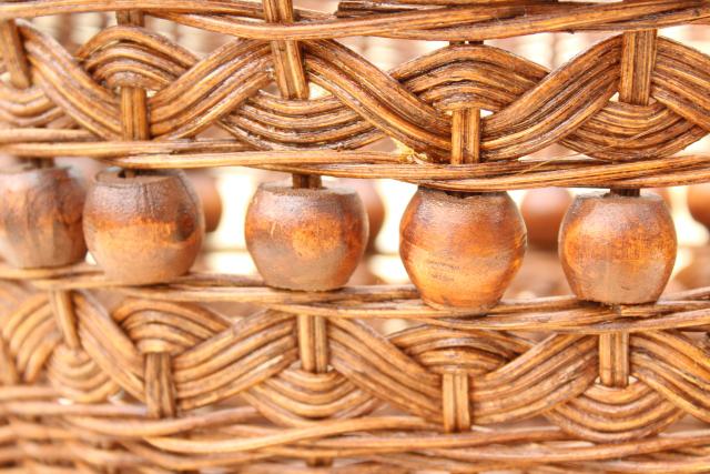 photo of vintage stick & ball wicker basket w/ wood beads, old sewing / mending basket #8