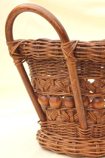 photo of vintage stick & ball wicker basket w/ wood beads, old sewing / mending basket #9