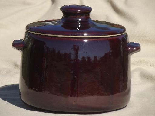 photo of vintage stoneware bean pot, West Bend brown glazed pottery crock w/ lid #1