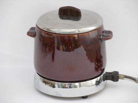 photo of vintage stoneware bean pot, West Bend electric cooker w/ original label #1