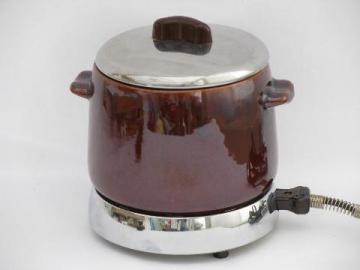 catalog photo of vintage stoneware bean pot, West Bend electric cooker w/ original label