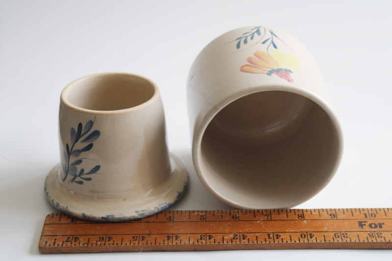 photo of vintage stoneware butter keeper crock, Annies Garden hand painted pottery prairie wildflowers #8