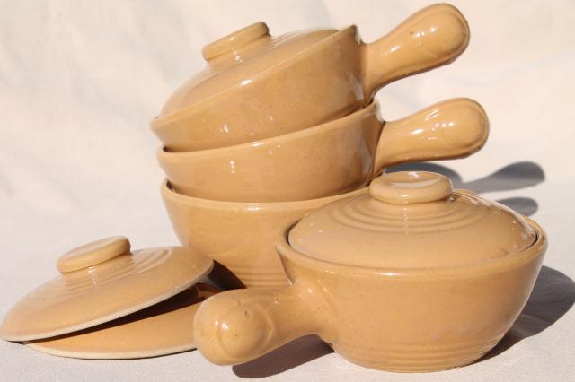 photo of vintage stoneware covered soup / chowder bowls, stick handle casserole dishes set #2