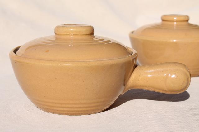 photo of vintage stoneware covered soup / chowder bowls, stick handle casserole dishes set #3