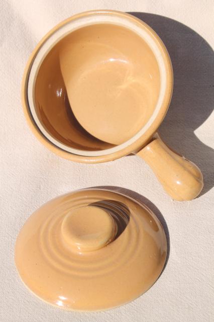 photo of vintage stoneware covered soup / chowder bowls, stick handle casserole dishes set #5