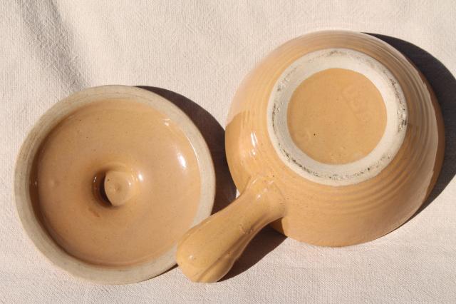 photo of vintage stoneware covered soup / chowder bowls, stick handle casserole dishes set #6